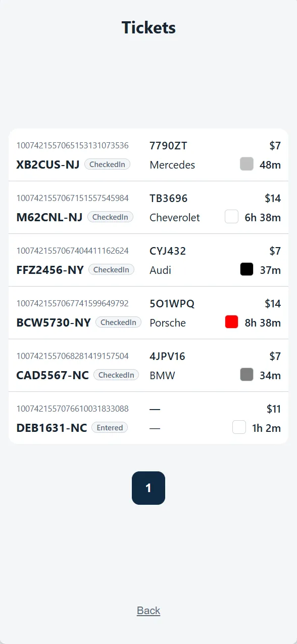 The OpenLot attendant app's Tickets screen with six open tickets.